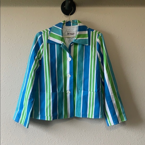 Vintage Jill Stuart Blue Green Striped Button Front Blazer Size Medium - Picture 1 of 6